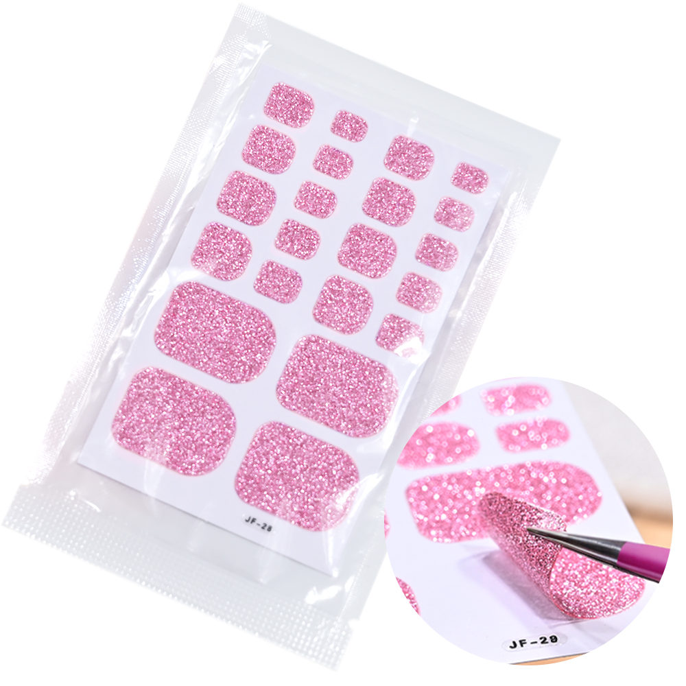 Full Cover Adhesive - 22Tips ピンクグリッターつま先ネイルステッカーラップフルカバー粘着デカール足爪ポリッシュストリップ女性夏 DIY フットステッカー &