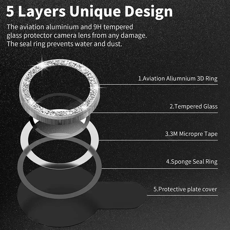 光沢のあるダイヤモンドメタルリングカメラレンズプロテクターカ - Tempered Glass Screen 9H のレビューと価格